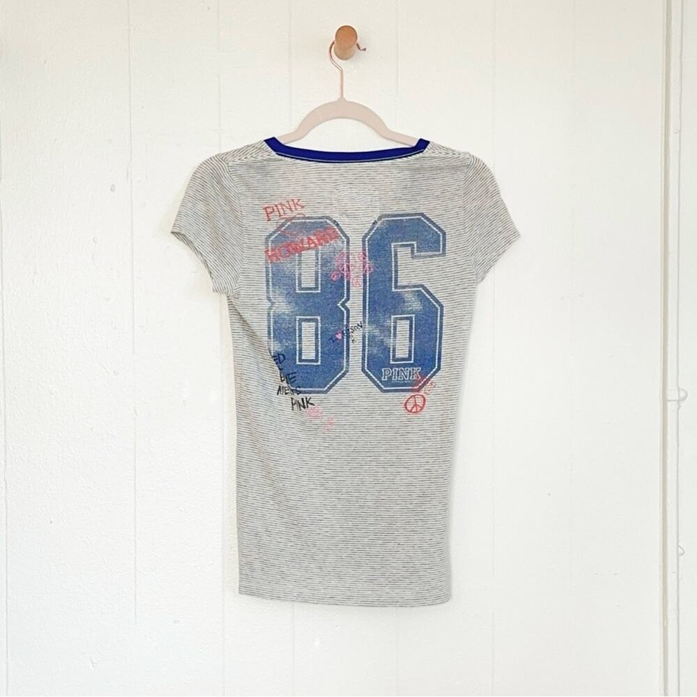 Y2K Vintage VS PINK Distressed Striped Number 86 V-Neck Tee Small - Picture 3 of 9